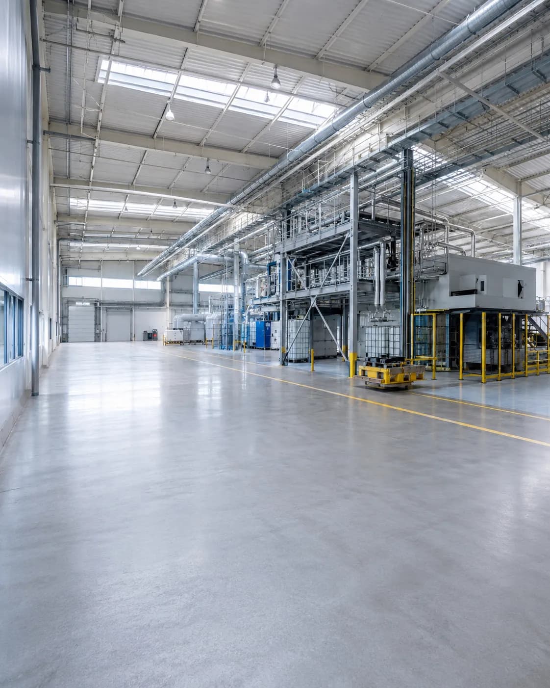 Saubere, helle Industriehalle mit gepflegtem Boden und technischen Anlagen – Symbolbild für Gebäudereinigung in Industrieunternehmen.