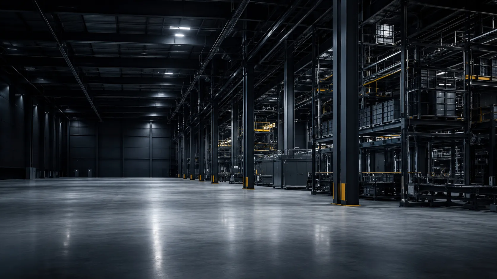 Weitläufige Industriehalle mit Stahlkonstruktion, spiegelndem Boden und markierten Sicherheitsbereichen bei stimmungsvoller Beleuchtung – Reinigung großer Produktions- und Lagerflächen.