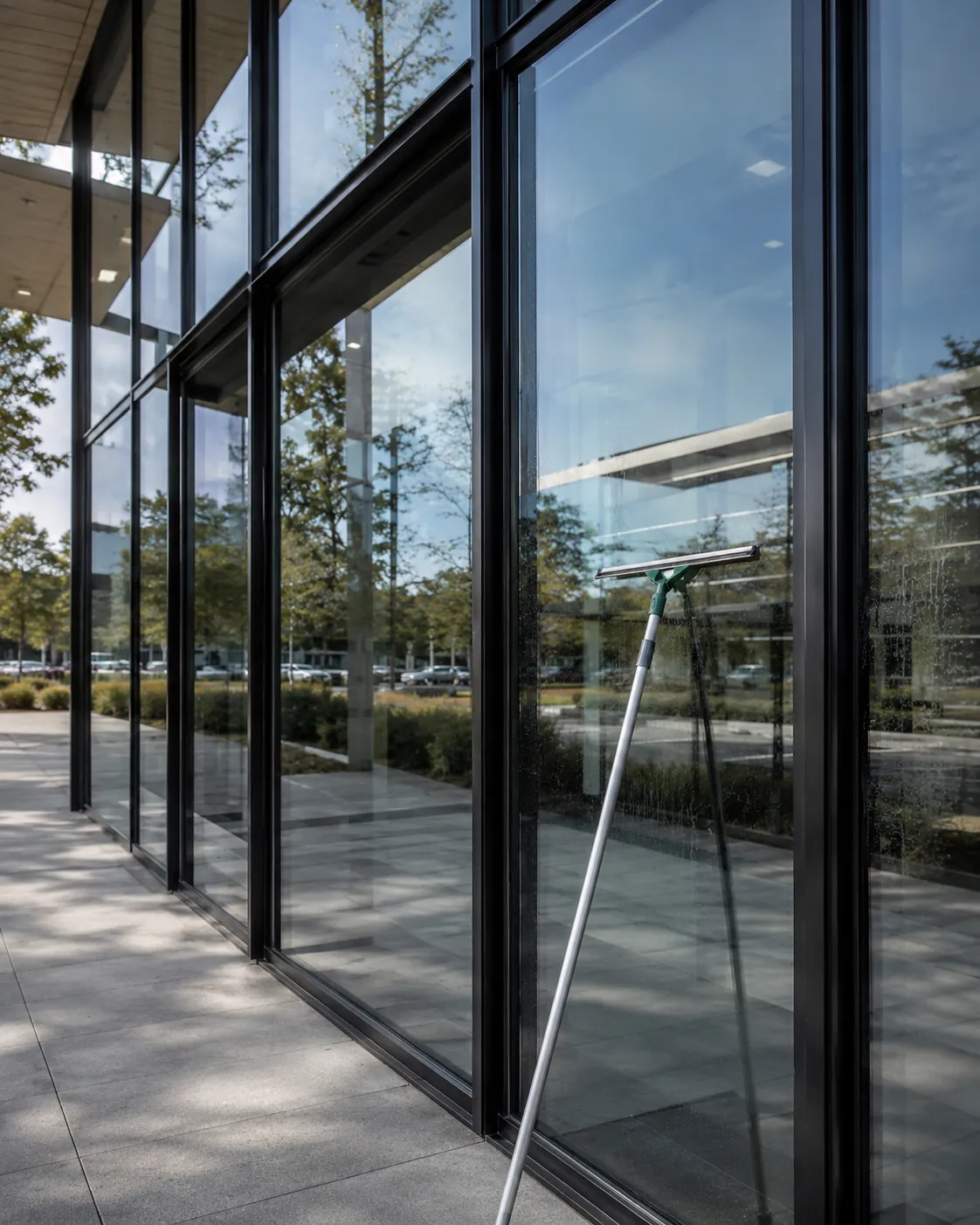 Moderne Glasfassade bei hellem Tageslicht mit professionellem Fensterabzieher im Vordergrund – Symbolbild für Fenster- und Glasreinigung.